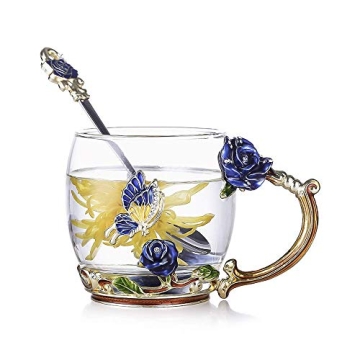 Luka Tech Enamels Butterfly Flower Lead-Free Glass Coffee Mugs with Spoon