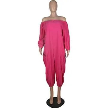 MESLIMA Women's Casual Loose Plus Size Long Sleeve Jumpsuits Rompers Dressy Wide Leg Pants with Pockets Pink 4XL