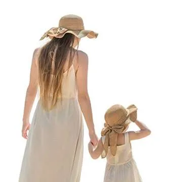 2PCS Family Matching Summer Beach Sun Hat Wide Brim Parent-Child Straw Hat Bowknot Cap for Women's Baby Girls (Camel)
