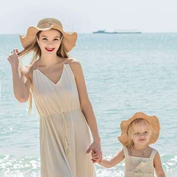 2PCS Family Matching Summer Beach Sun Hat Wide Brim Parent-Child Straw Hat Bowknot Cap for Women's Baby Girls (Camel)