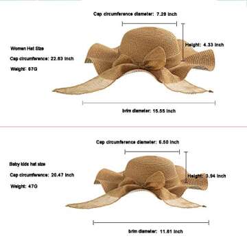 2PCS Family Matching Summer Beach Sun Hat Wide Brim Parent-Child Straw Hat Bowknot Cap for Women's Baby Girls (Camel)