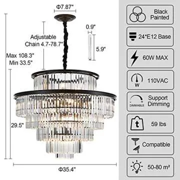 lighceac 35" 24-Light Modern Crystal Chandelier Light Fixture Large 6-Tier Black Luxury Chandeliers ...