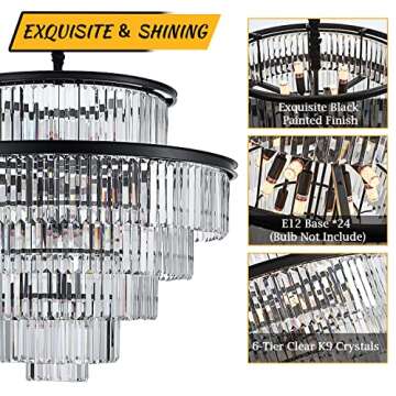 lighceac 35" 24-Light Modern Crystal Chandelier Light Fixture Large 6-Tier Black Luxury Chandeliers for Dining Room Round Hanging Pendant Lighting for Living Room Kitchen Entryway Bedroom Foyer Lobby
