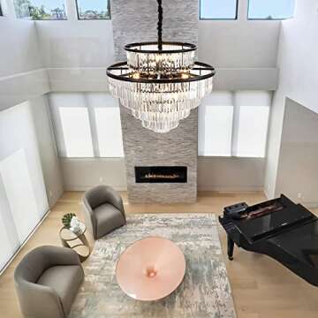 lighceac 35" 24-Light Modern Crystal Chandelier Light Fixture Large 6-Tier Black Luxury Chandeliers for Dining Room Round Hanging Pendant Lighting for Living Room Kitchen Entryway Bedroom Foyer Lobby