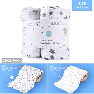 AKK BABY Baby Muslin Bath Towels, Super Soft Cotton Receiving Blanket for Baby's Delicate Skin, 2 Pa...
