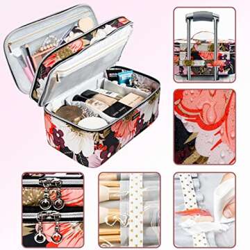 AMOIGEE Large Travel Makeup Bag Organizer, Double Layer Train Case, Toiletry Bag for Makeup Brushes, Full Size Bottles, Palettes Sponge, Cosmetic, Peonnies.