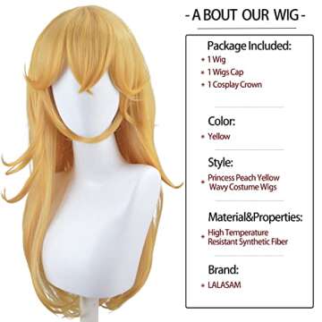 LALASAM Golden Princess Wig,3 Peice Set of Blonde Long Wavy Halloween Peach Cosplay Wig Costume Party Wigs with Crown,Wig Caps