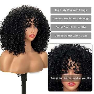 QUEEN MARY Afro Curly Wig With Bangs Short Curly Wigs For Black Women Bouncy Shaggy Curly Wigs Gluel...