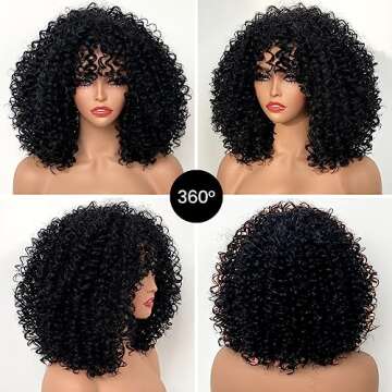 QUEEN MARY Afro Curly Wig With Bangs Short Curly Wigs For Black Women Bouncy Shaggy Curly Wigs Glueless Wig With Bangs Machine Made Curly Bang Wigs 180% Density Short Afro Curly Wigs Hair 14 Inch