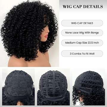 QUEEN MARY Afro Curly Wig With Bangs Short Curly Wigs For Black Women Bouncy Shaggy Curly Wigs Glueless Wig With Bangs Machine Made Curly Bang Wigs 180% Density Short Afro Curly Wigs Hair 14 Inch
