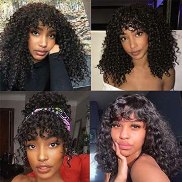 QUEEN MARY Afro Curly Wig With Bangs Short Curly Wigs For Black Women Bouncy Shaggy Curly Wigs Glueless Wig With Bangs Machine Made Curly Bang Wigs 180% Density Short Afro Curly Wigs Hair 14 Inch