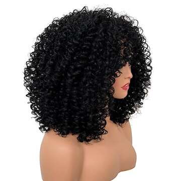QUEEN MARY Afro Curly Wig With Bangs Short Curly Wigs For Black Women Bouncy Shaggy Curly Wigs Glueless Wig With Bangs Machine Made Curly Bang Wigs 180% Density Short Afro Curly Wigs Hair 14 Inch