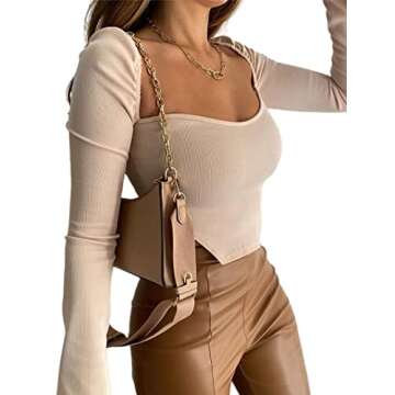 Avanova Women's Long Sleeve Ribbed Knit Crop Top Scoop Neck Asymmetrical Hem Tee Shirt Apricot Large