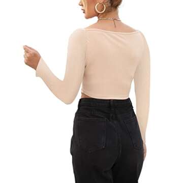 Avanova Women's Long Sleeve Ribbed Knit Crop Top Scoop Neck Asymmetrical Hem Tee Shirt Apricot Large