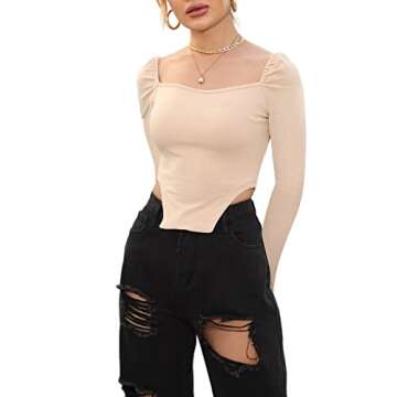 Avanova Women's Long Sleeve Ribbed Knit Crop Top Scoop Neck Asymmetrical Hem Tee Shirt Apricot Large