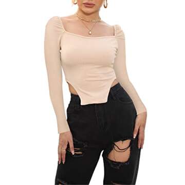 Avanova Women's Long Sleeve Ribbed Knit Crop Top Scoop Neck Asymmetrical Hem Tee Shirt Apricot Large