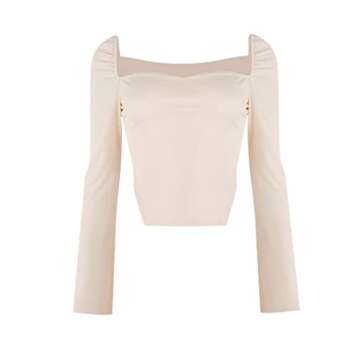 Avanova Women's Long Sleeve Ribbed Knit Crop Top Scoop Neck Asymmetrical Hem Tee Shirt Apricot Large