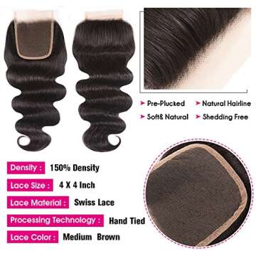 Body Wave Human Hair Bundles with Closure for Women