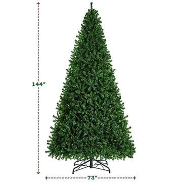 Yaheetech 12ft Pre-lit Spruce Artificial Hinged Christmas Pine Tree Prelighted Holiday Xmas Tree for Home Party Decoration with 1500 Warm White Lights and 4668 Branch Tips, Green