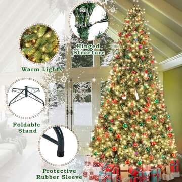 Yaheetech 12ft Pre-lit Spruce Artificial Hinged Christmas Pine Tree Prelighted Holiday Xmas Tree for Home Party Decoration with 1500 Warm White Lights and 4668 Branch Tips, Green