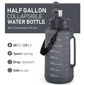 TakeToday 68 oz Collapsible Water Bottles with Straw, Half Gallon Water Bottle with Motivational Time Marker, Large Reusable Silicone Water Jug with Paracord Handle for Sports, Outdoors (Black)