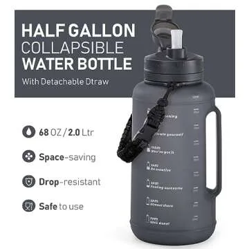 TakeToday 68 oz Collapsible Water Bottles with Straw, Half Gallon Water Bottle with Motivational Time Marker, Large Reusable Silicone Water Jug with Paracord Handle for Sports, Outdoors (Black)