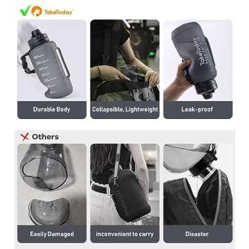 TakeToday 68 oz Collapsible Water Bottles with Straw, Half Gallon Water Bottle with Motivational Time Marker, Large Reusable Silicone Water Jug with Paracord Handle for Sports, Outdoors (Black)