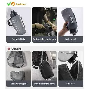 TakeToday 68 oz Collapsible Water Bottles with Straw, Half Gallon Water Bottle with Motivational Time Marker, Large Reusable Silicone Water Jug with Paracord Handle for Sports, Outdoors (Black)