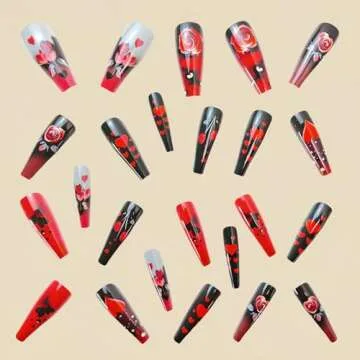 Valentine's Day Coffin Fake Nails Red Black Heart Designs