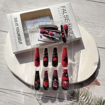 Valentine's Day Coffin Fake Nails Red Black Heart Designs
