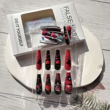 Valentine's Day Coffin Fake Nails Red Black Heart Designs