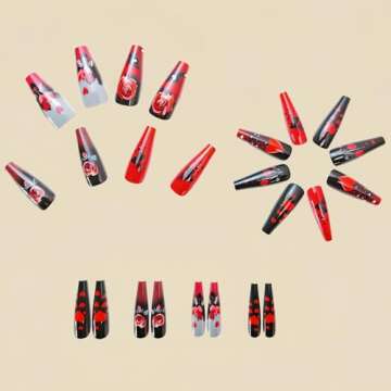 Valentine's Day Coffin Fake Nails Red Black Heart Designs