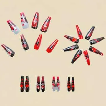 Valentine's Day Coffin Fake Nails Red Black Heart Designs