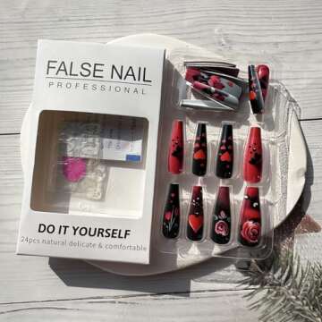 Valentine's Day Coffin Fake Nails Red Black Heart Designs