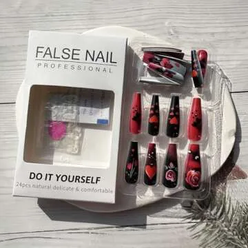 Valentine's Day Coffin Fake Nails Red Black Heart Designs