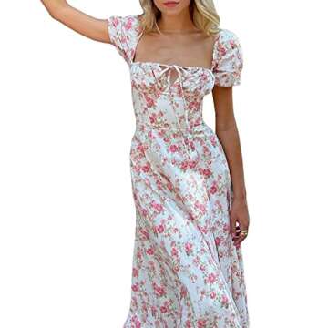 Women Y2K Floral Maxi Dress Square Neck A Line Spaghetti Strap Midi Dress Summer Party Wear (Pink Pu...
