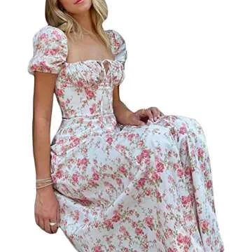 Women Y2K Floral Maxi Dress Square Neck A Line Spaghetti Strap Midi Dress Summer Party Wear (Pink Puff Short Sleeve, S)