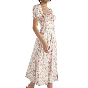 Women Y2K Floral Maxi Dress Square Neck A Line Spaghetti Strap Midi Dress Summer Party Wear (Pink Puff Short Sleeve, S)