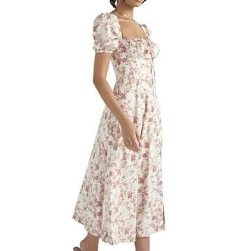Women Y2K Floral Maxi Dress Square Neck A Line Spaghetti Strap Midi Dress Summer Party Wear (Pink Puff Short Sleeve, S)