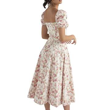 Women Y2K Floral Maxi Dress Square Neck A Line Spaghetti Strap Midi Dress Summer Party Wear (Pink Puff Short Sleeve, S)