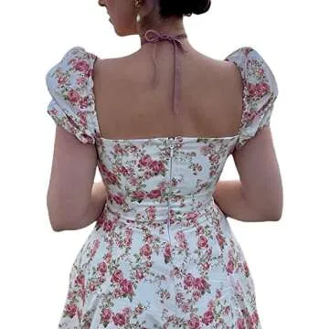 Women Y2K Floral Maxi Dress Square Neck A Line Spaghetti Strap Midi Dress Summer Party Wear (Pink Puff Short Sleeve, S)