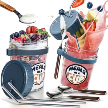 Meals In A Cup 2 Pack Overnight Oats Containers with Lids - 16 Oz Mason Jars for Meal Prep (Grey)