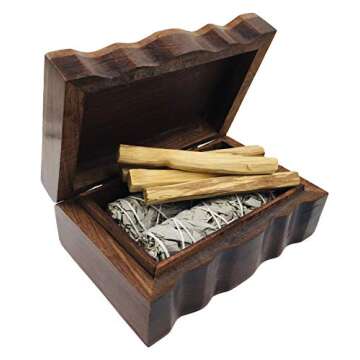 Carved Tree of Life Wooden Box with 2 California White Sage and 4 Palo Santo Incense