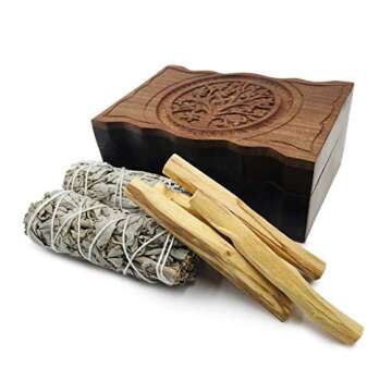 Carved Tree of Life Wooden Box with 2 California White Sage and 4 Palo Santo Incense