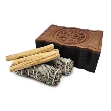 Carved Tree of Life Wooden Box with 2 California White Sage and 4 Palo Santo Incense
