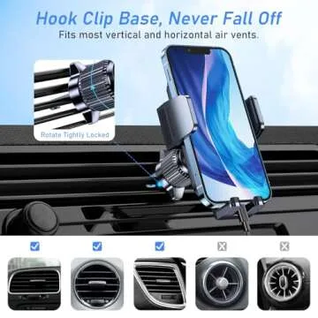 Car Phone Holder Mount, Super Stable Air Vent Cell Phone Car Mount with 2025 Metal Hook Clip, 360° Rotation,One Button Release for iPhone, Samsung, Google, and All Other Smartphones