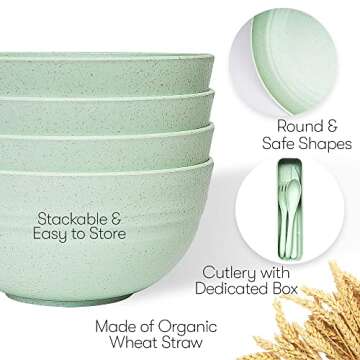 Wheat Straw Dinnerware Sets | Unbreakable Dinnerware Sets | Dishwasher Microwave Safe Dinnerware | Eco Friendly Non Breakable Dinnerware Sets | RV Outdoor Camping (Green, Service for 4 (28 pcs))