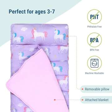 Wildkin Original Nap Mat with Reusable Pillow for Boys and Girls, Perfect for Elementary Sleeping Mat, Features Hook and Loop Fastener, Soft Cotton Blend Materials Nap Mat for Kids (Unicorn)