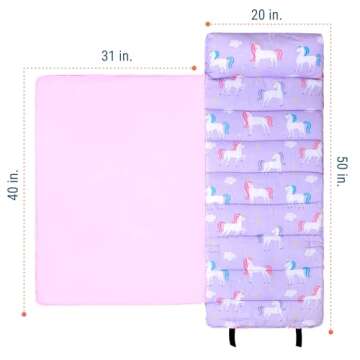 Wildkin Original Nap Mat with Reusable Pillow for Boys and Girls, Perfect for Elementary Sleeping Mat, Features Hook and Loop Fastener, Soft Cotton Blend Materials Nap Mat for Kids (Unicorn)