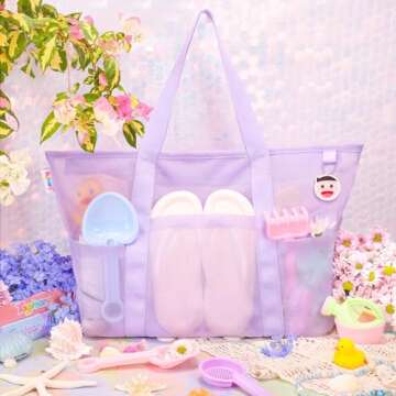 Tagitary Mesh Beach Bag with Zipper and 8 Pockets, Large Purple Foldable Waterproof Sandproof Sports...